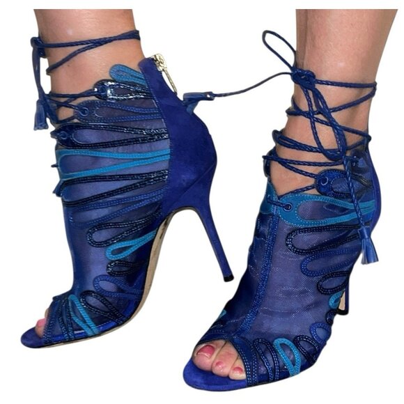 JIMMY CHOO Women's Blue Kafira Mesh Suede Lace Up Peep-Toe Stiletto Heels Sexy - Picture 1 of 11